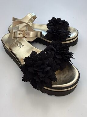 Italian Gold Leather Metallic Platform Sandals with Black Floral Detail Euro 39